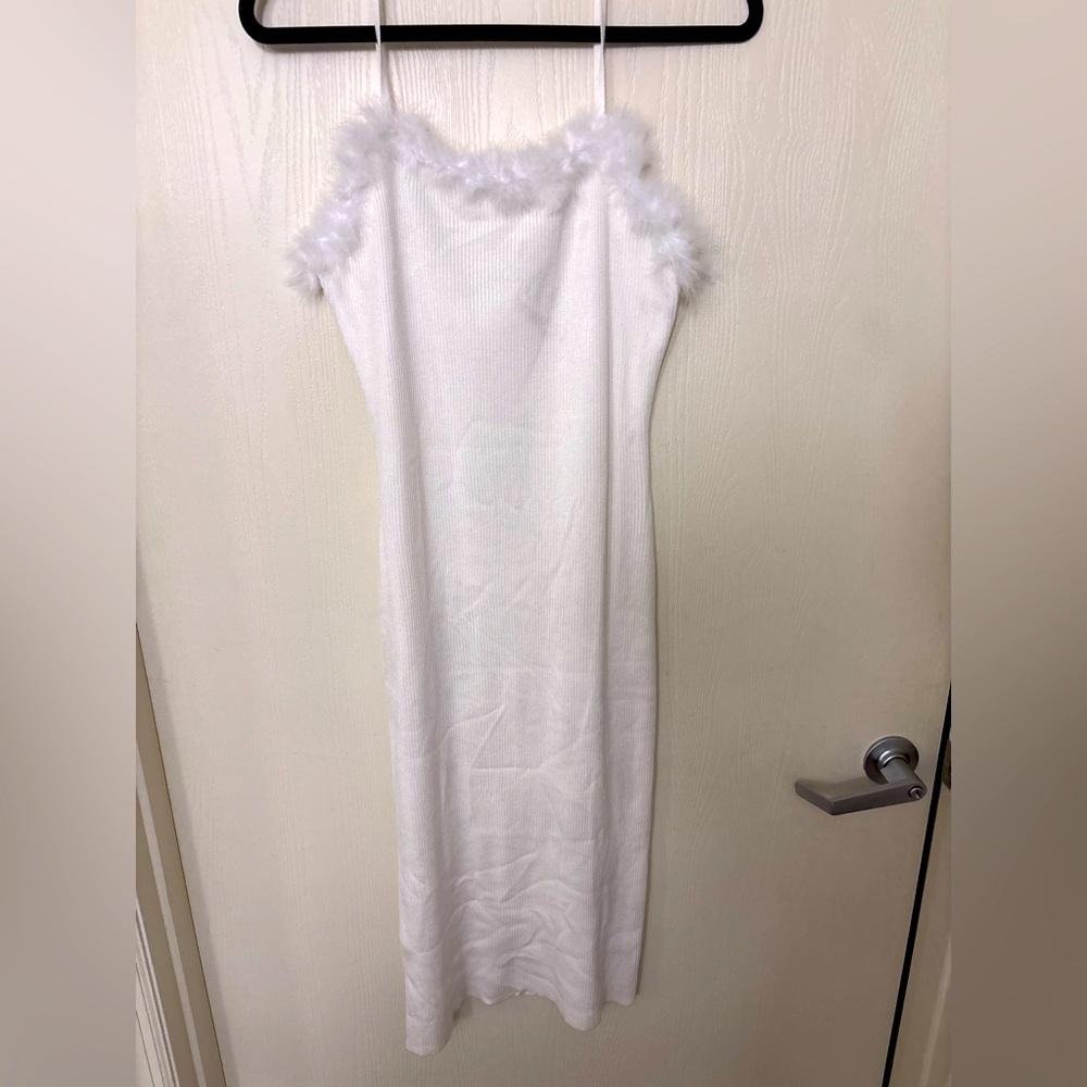 White Feather Trim Slip Dress